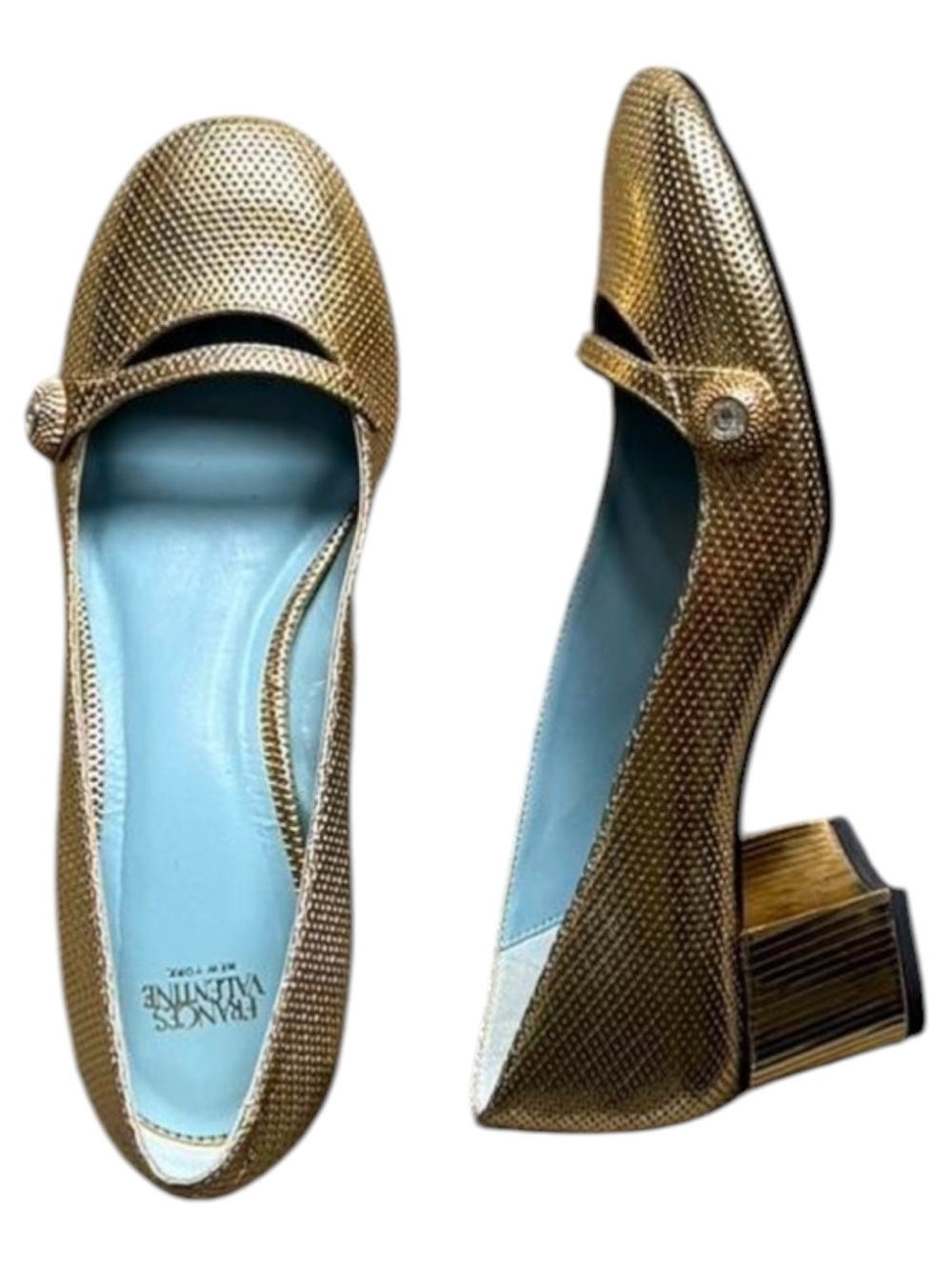 Frances Valentine Gaga Pump Gold Metallic Perforated Leather Mary Jane Heel - 7